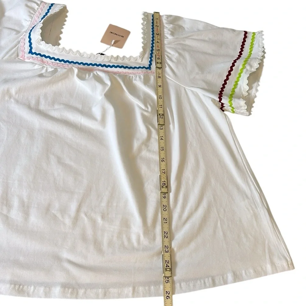 NWT Bloomchic Size 14 16 White Peasant Boho Square Neck Top With Rick Rack Trim